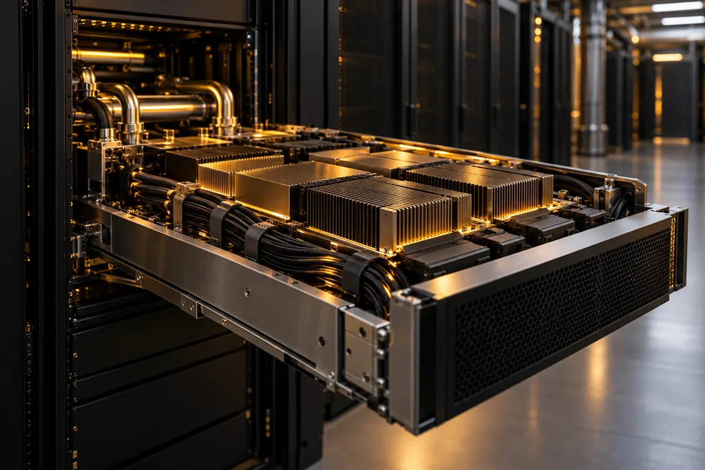 Close view of a high-density AI accelerator server tray with heat sinks, cooling pipes and bundled cables in a dark data centre