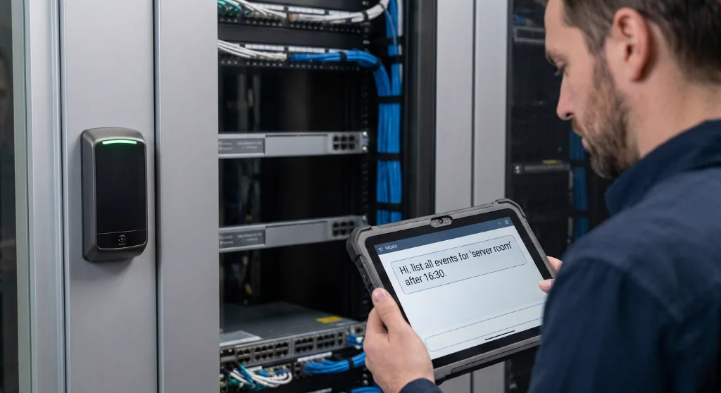 Biztonságtechnikai mérnök szerverhelyiségben, kezében ipari tablettel, amelyen a szerverszoba beléptetési eseményeinek természetes nyelvű lekérdezése látható, mellette fali kártyaolvasó