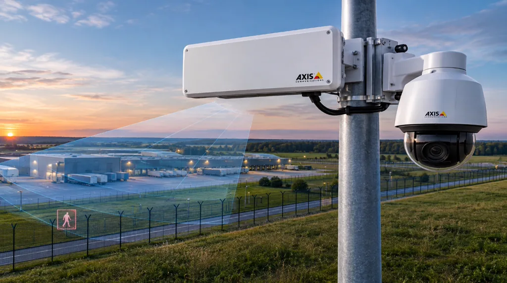 Pole-mounted Axis outdoor security radar and PTZ dome camera monitoring a logistics perimeter fence at sunset with radar detection coverage cone