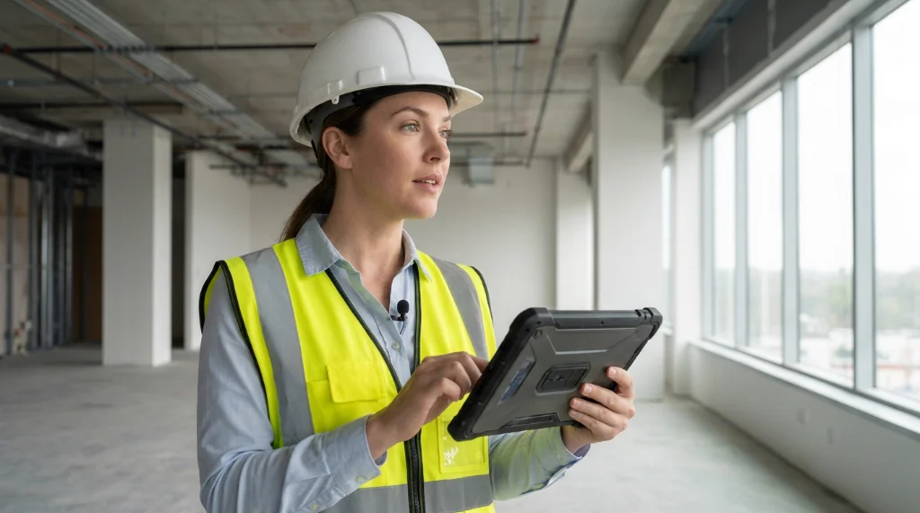 Security systems engineer wearing hard hat and high-visibility vest holding an industrial tablet with clip-on microphone conducting a site survey in a building under construction