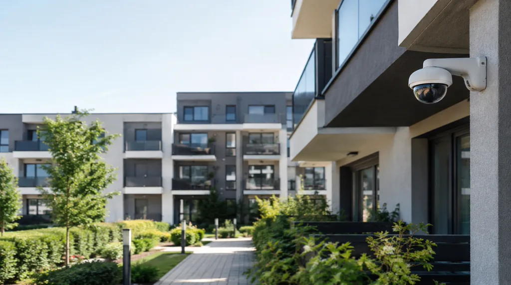Facade-mounted outdoor dome camera monitoring a modern residential courtyard and walkway in a Rotterdam housing complex