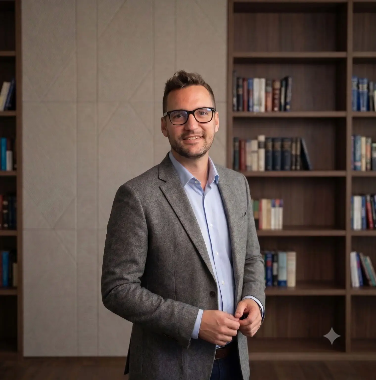 Horváth Gábor egy könyvespolc előtt